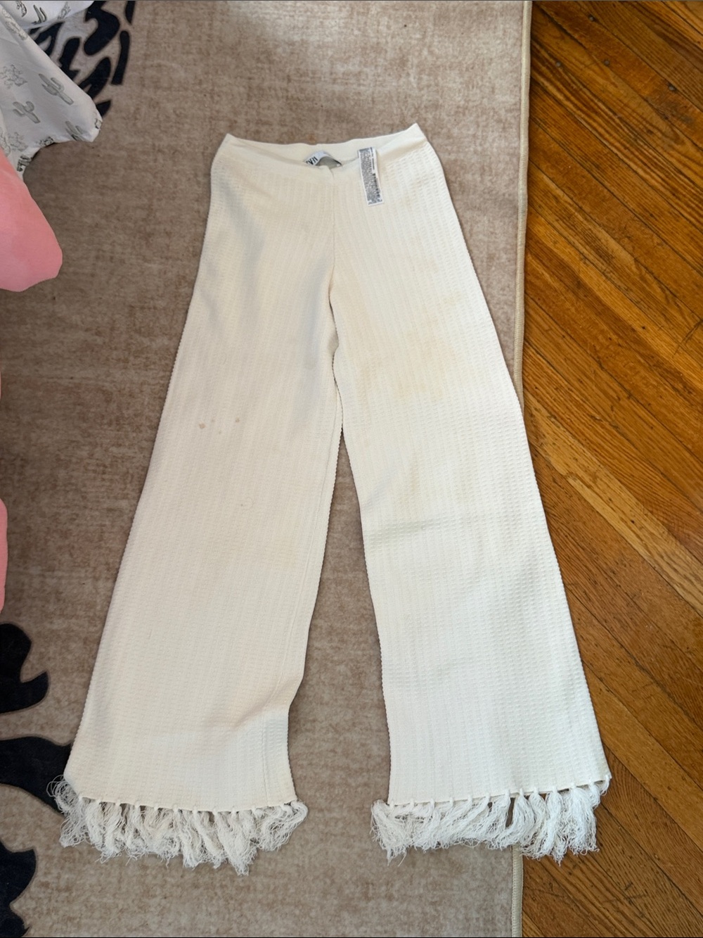 Zara Cream Knit Fringe-Hem Pants
